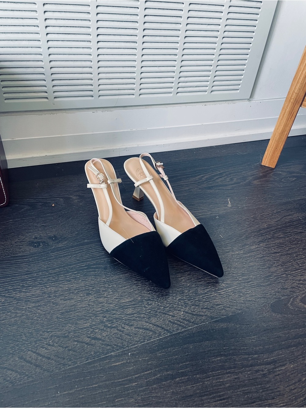 Two-Tone Black and White Pointed Slingback Heels